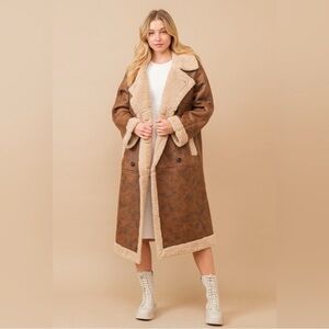 Faux leather teddy shearling long coat in chestnut
